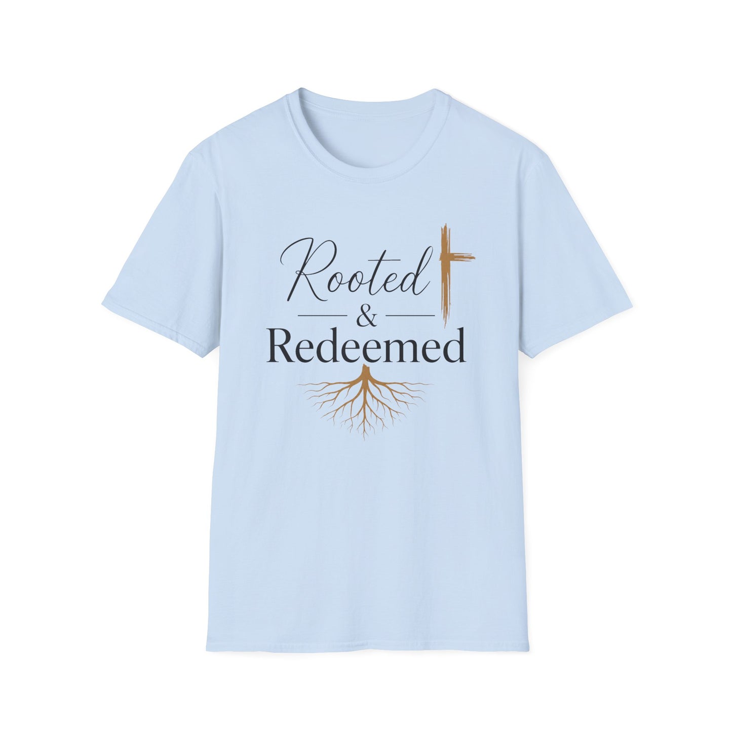 Rooted & Redeemed Christian T-Shirt — Faith Cross and Tree Roots Tee
