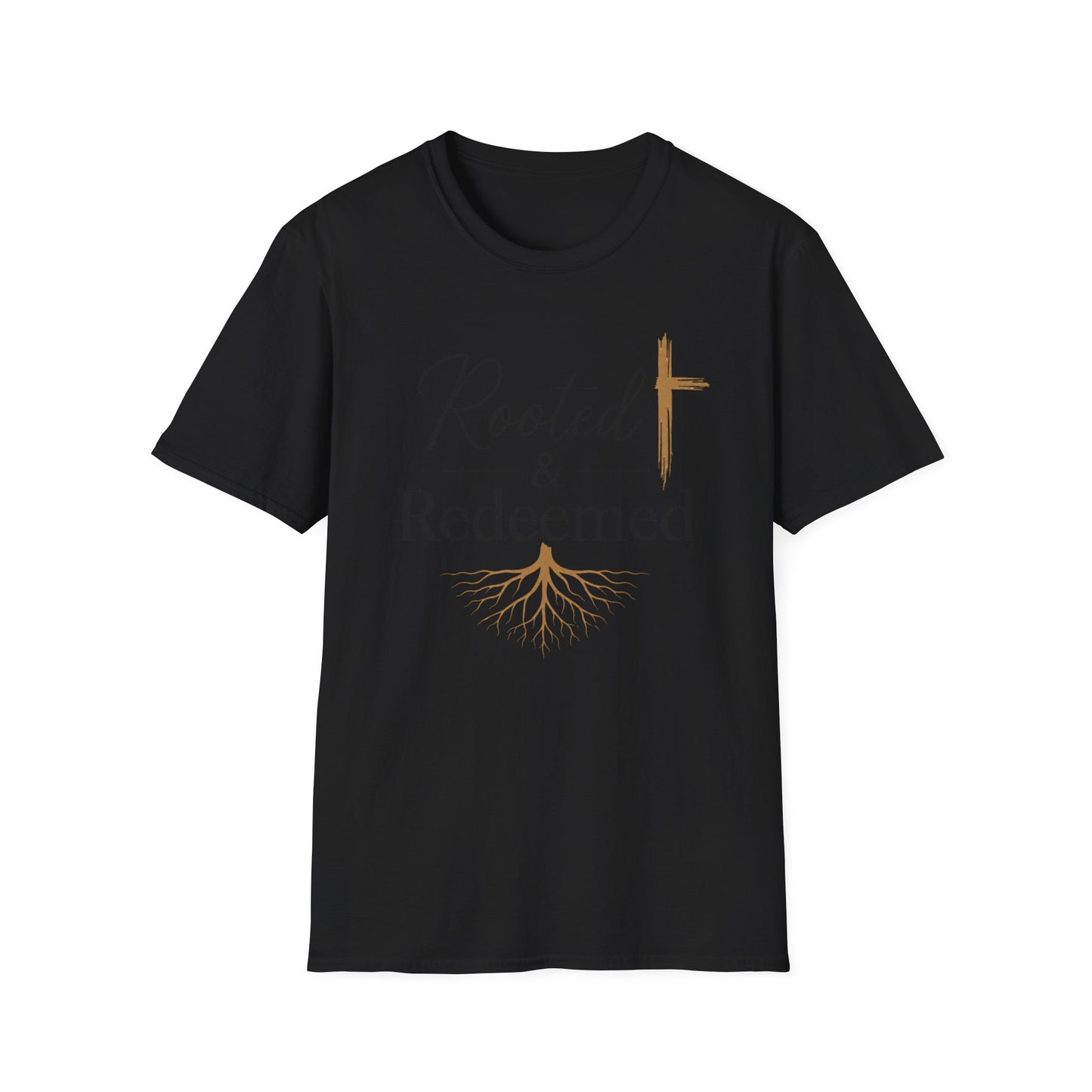 Rooted & Redeemed Christian T-Shirt — Faith Cross and Tree Roots Tee