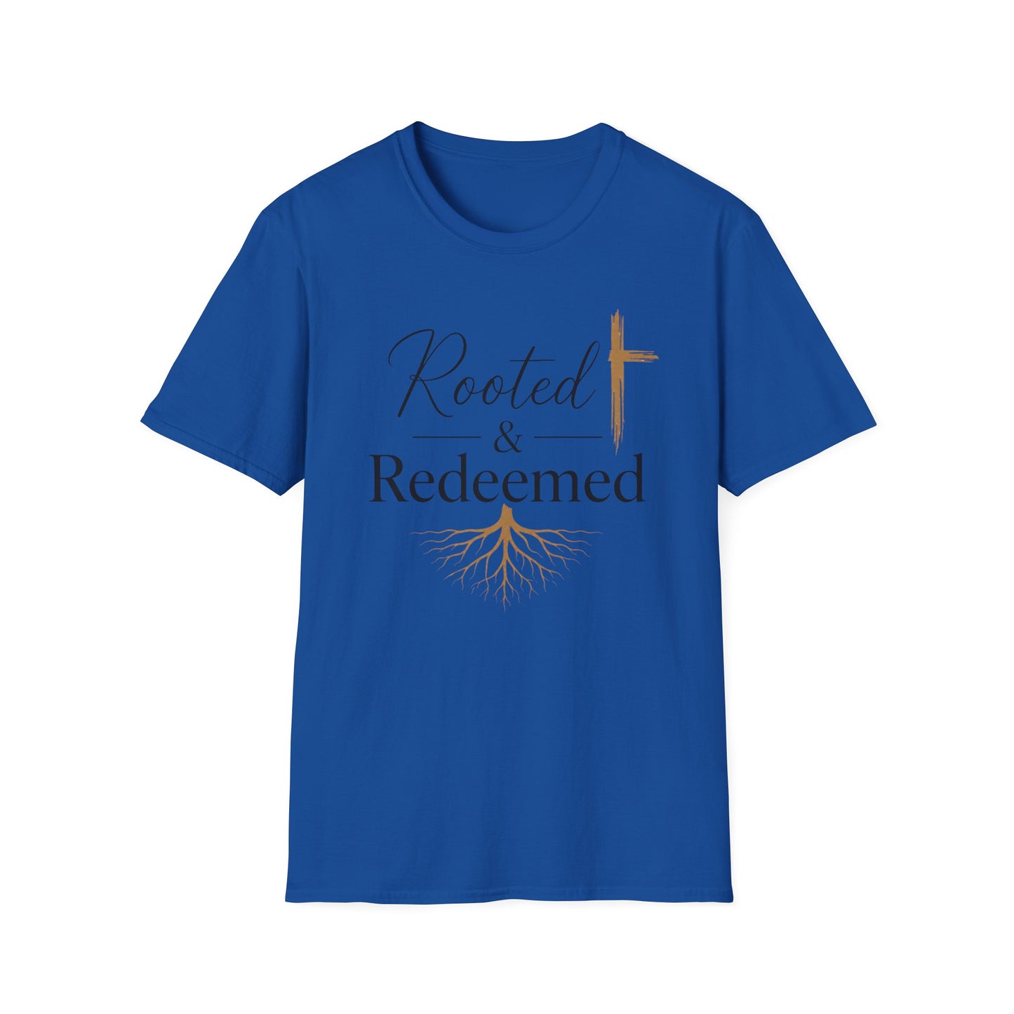 Rooted & Redeemed Christian T-Shirt — Faith Cross and Tree Roots Tee