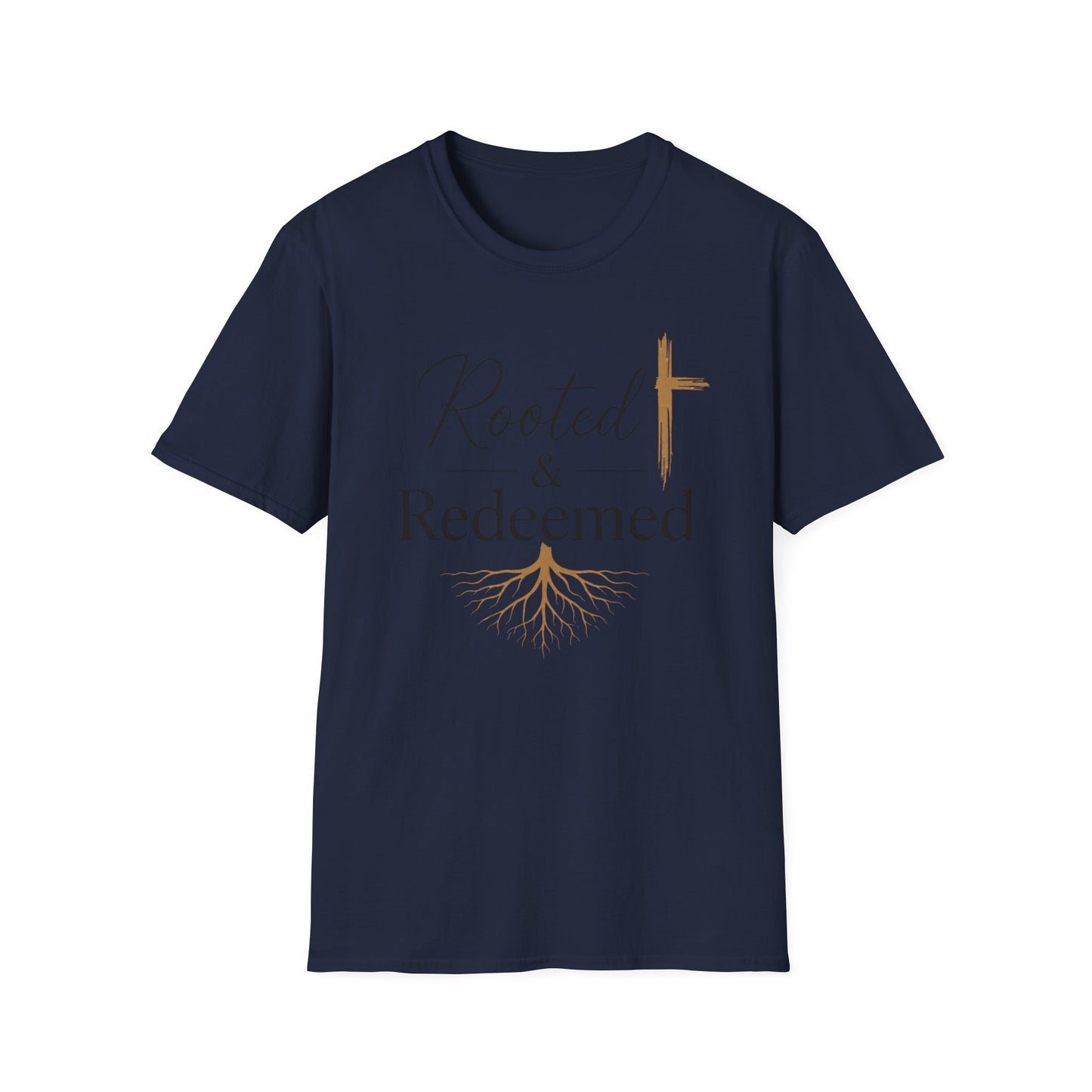 Rooted & Redeemed Christian T-Shirt — Faith Cross and Tree Roots Tee