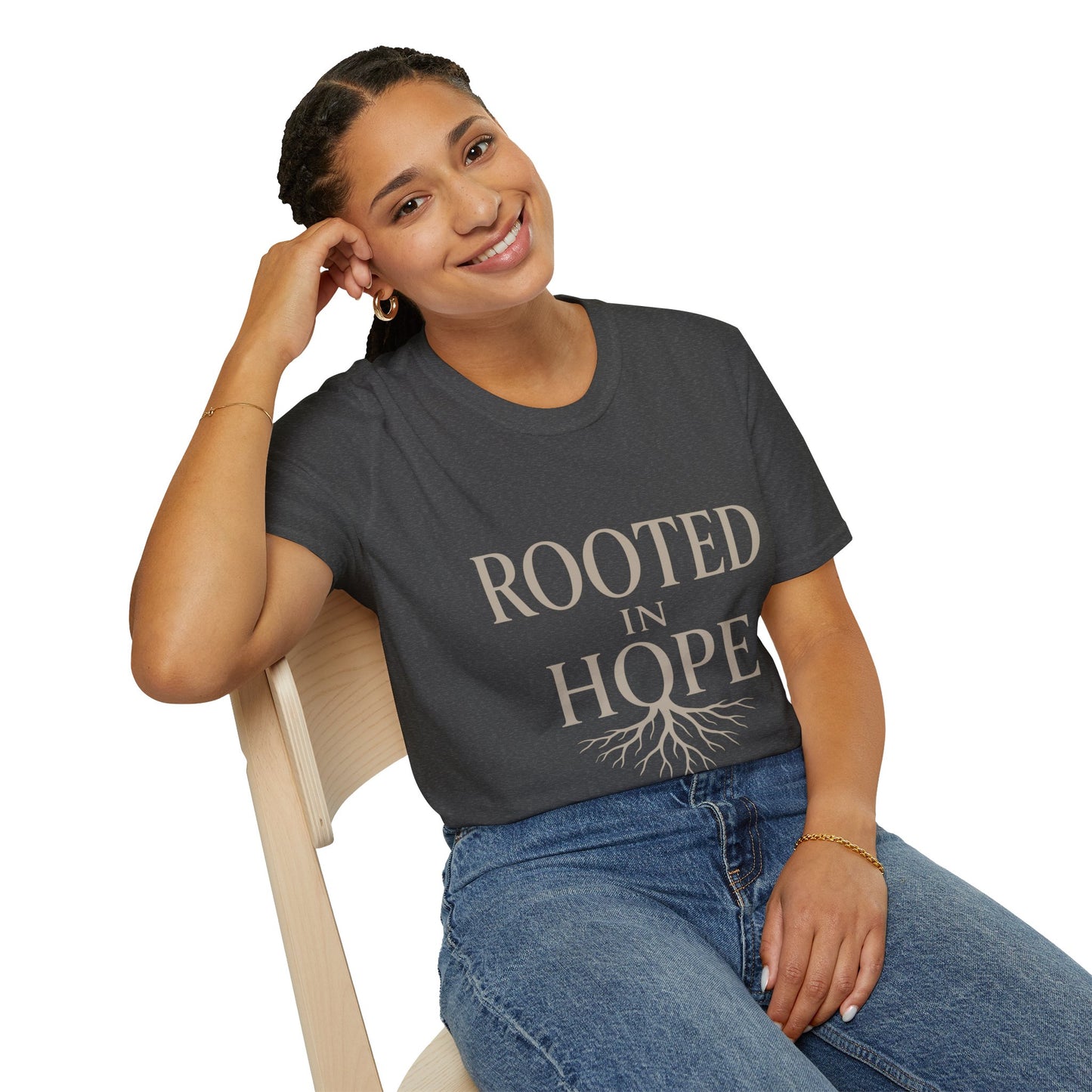 Rooted in Hope T-Shirt — Inspirational Faith Tee with Tree Roots