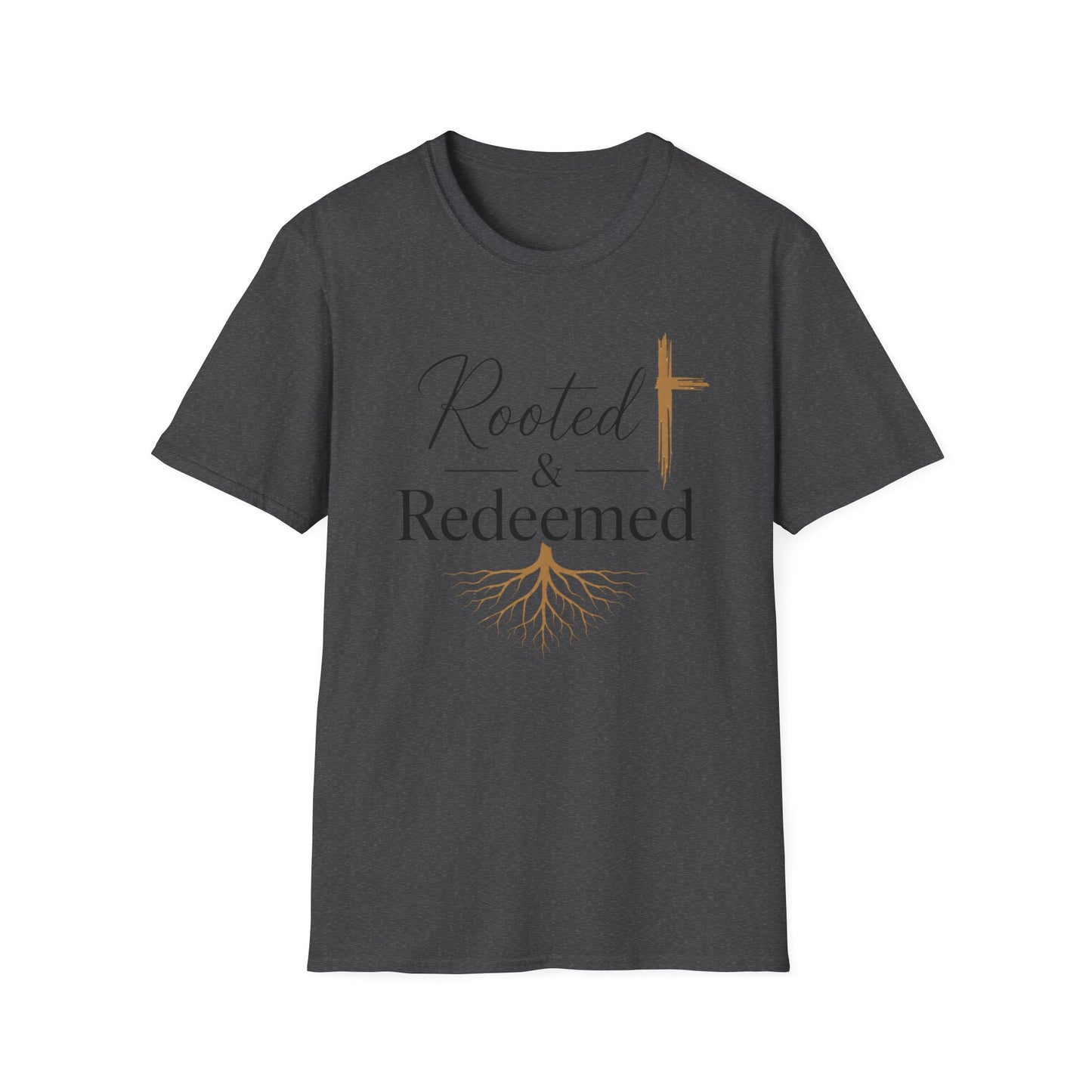 Rooted & Redeemed Christian T-Shirt — Faith Cross and Tree Roots Tee