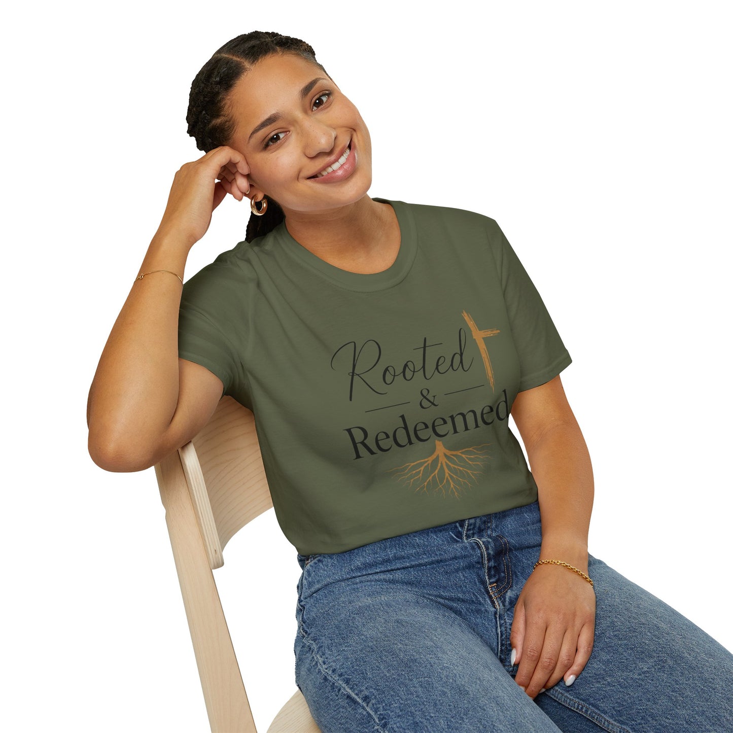 Rooted & Redeemed Christian T-Shirt — Faith Cross and Tree Roots Tee