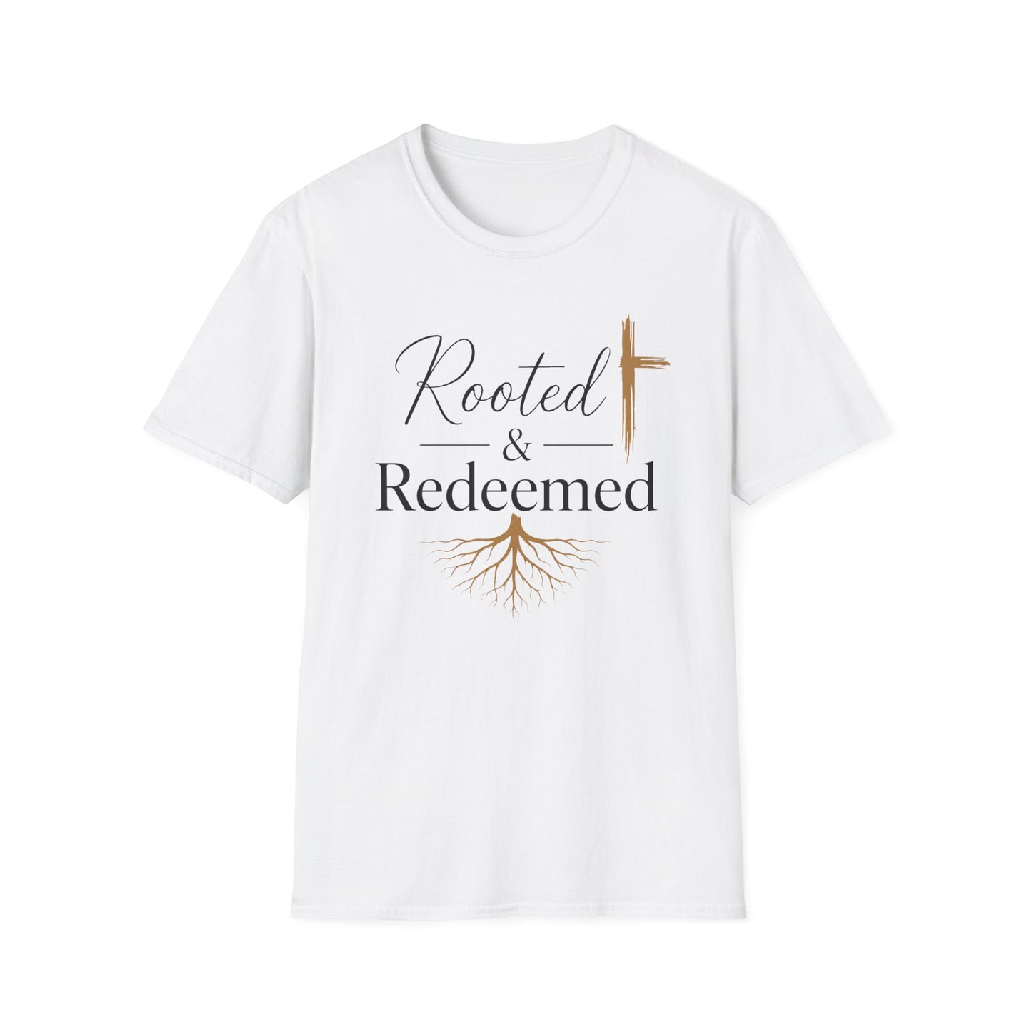 Rooted & Redeemed Christian T-Shirt — Faith Cross and Tree Roots Tee