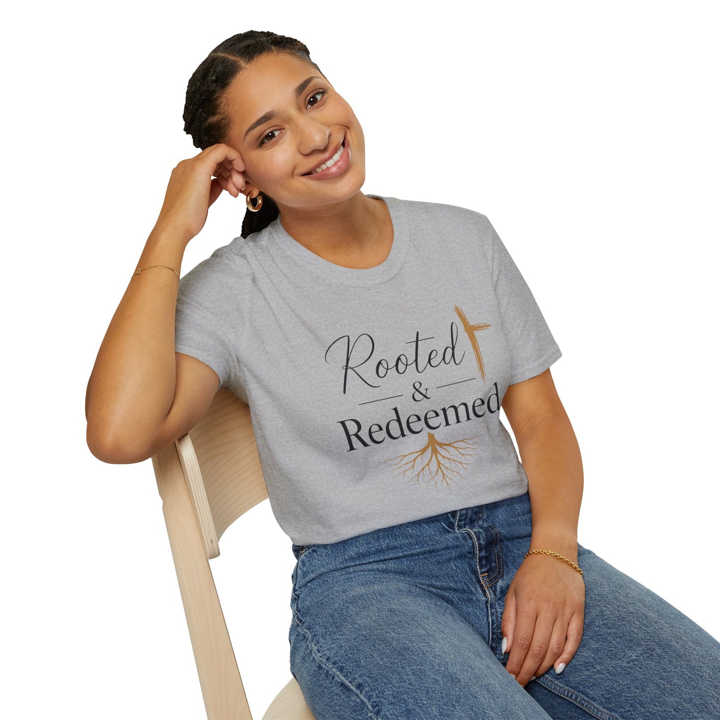 Rooted & Redeemed Christian T-Shirt — Faith Cross and Tree Roots Tee