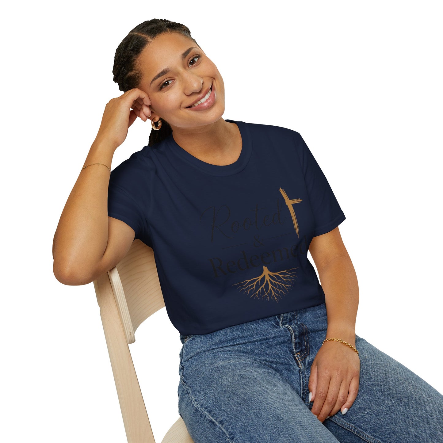 Rooted & Redeemed Christian T-Shirt — Faith Cross and Tree Roots Tee