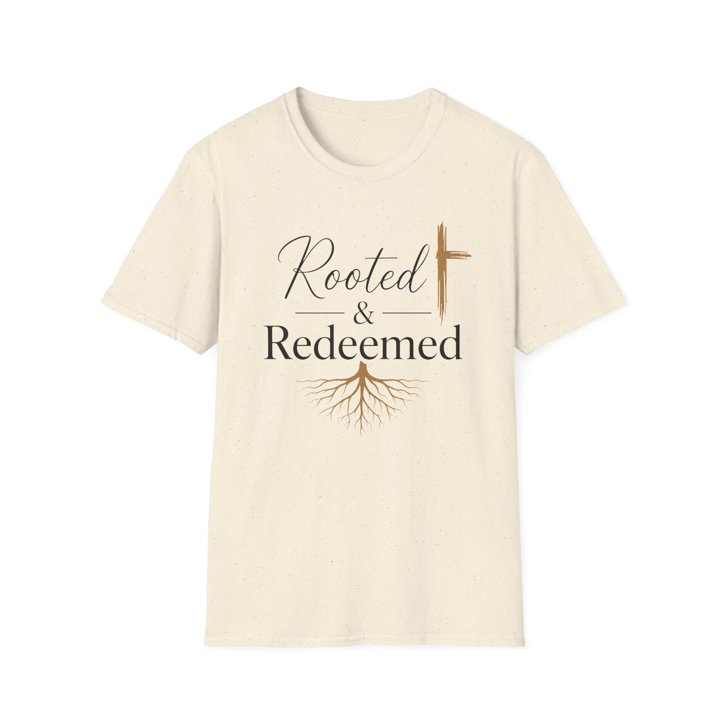 Rooted & Redeemed Christian T-Shirt — Faith Cross and Tree Roots Tee