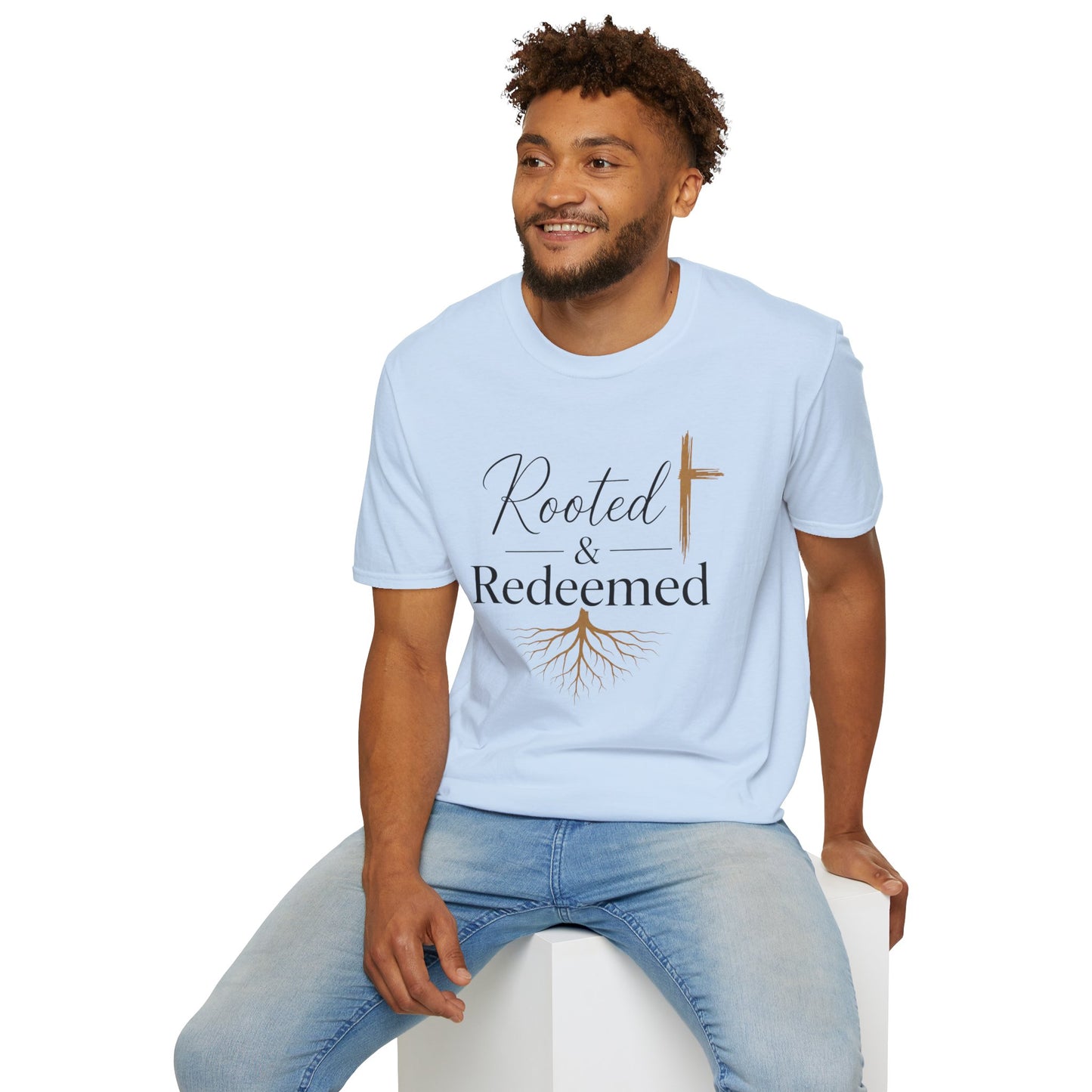Rooted & Redeemed Christian T-Shirt — Faith Cross and Tree Roots Tee