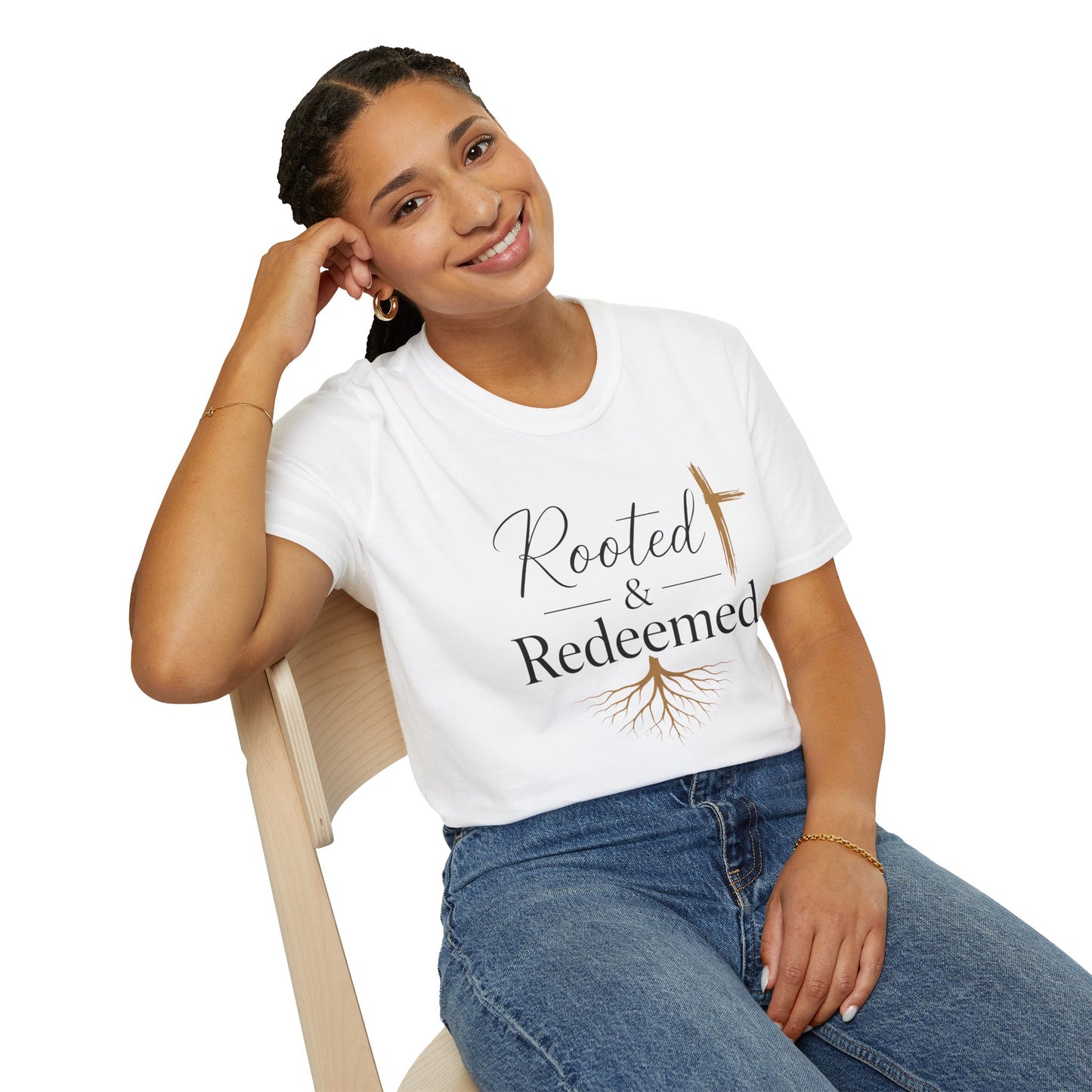 Rooted & Redeemed Christian T-Shirt — Faith Cross and Tree Roots Tee