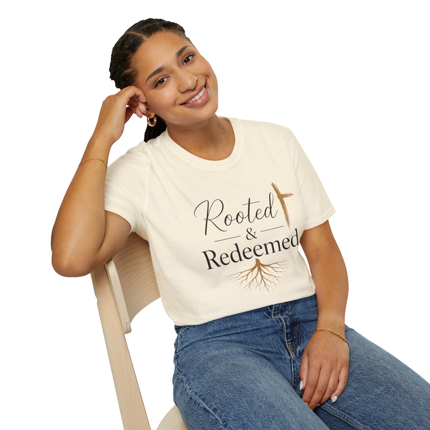 Rooted & Redeemed Christian T-Shirt — Faith Cross and Tree Roots Tee