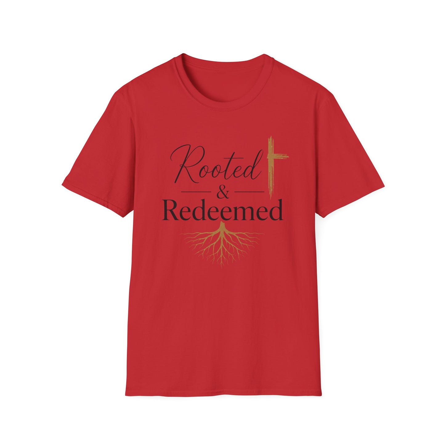 Rooted & Redeemed Christian T-Shirt — Faith Cross and Tree Roots Tee