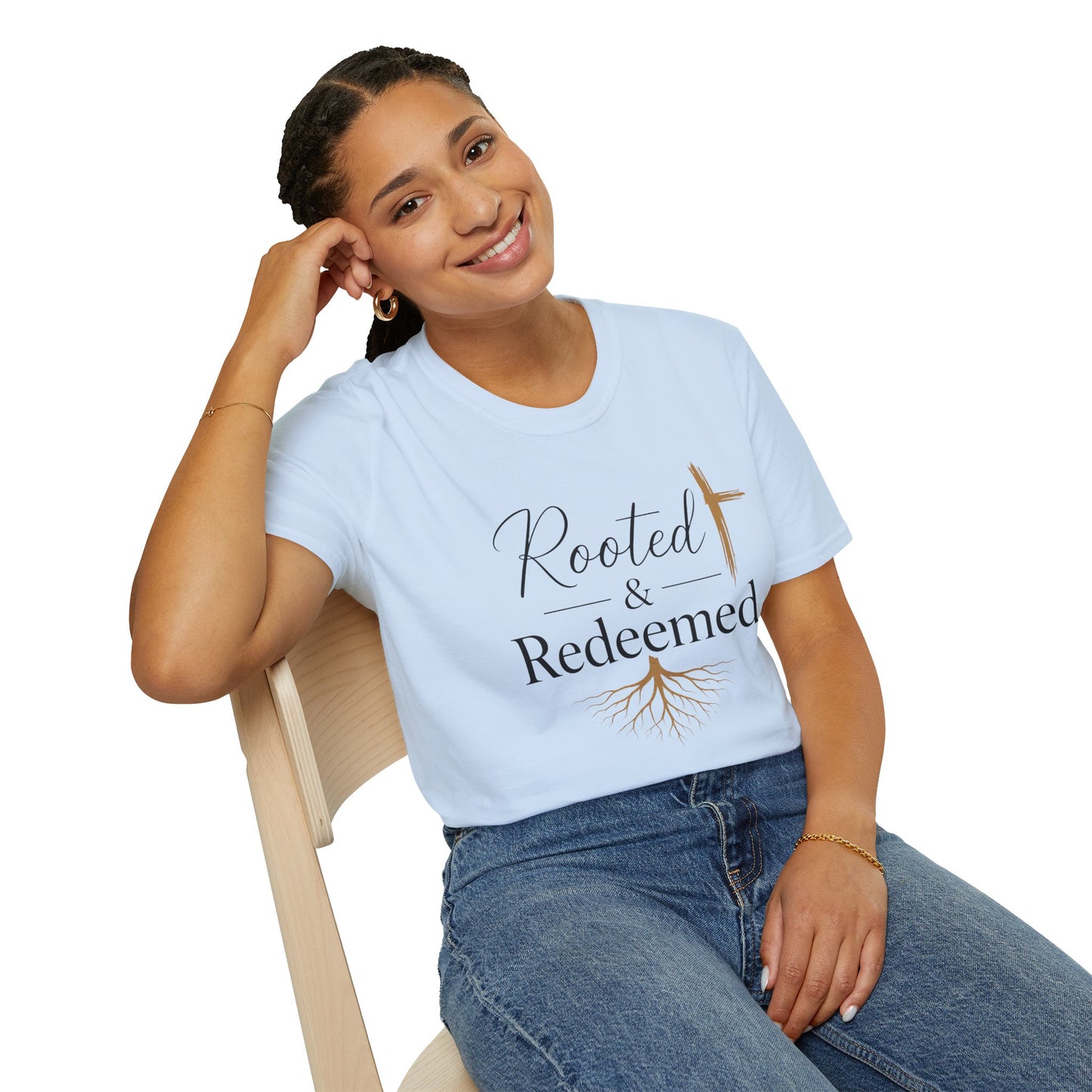 Rooted & Redeemed Christian T-Shirt — Faith Cross and Tree Roots Tee