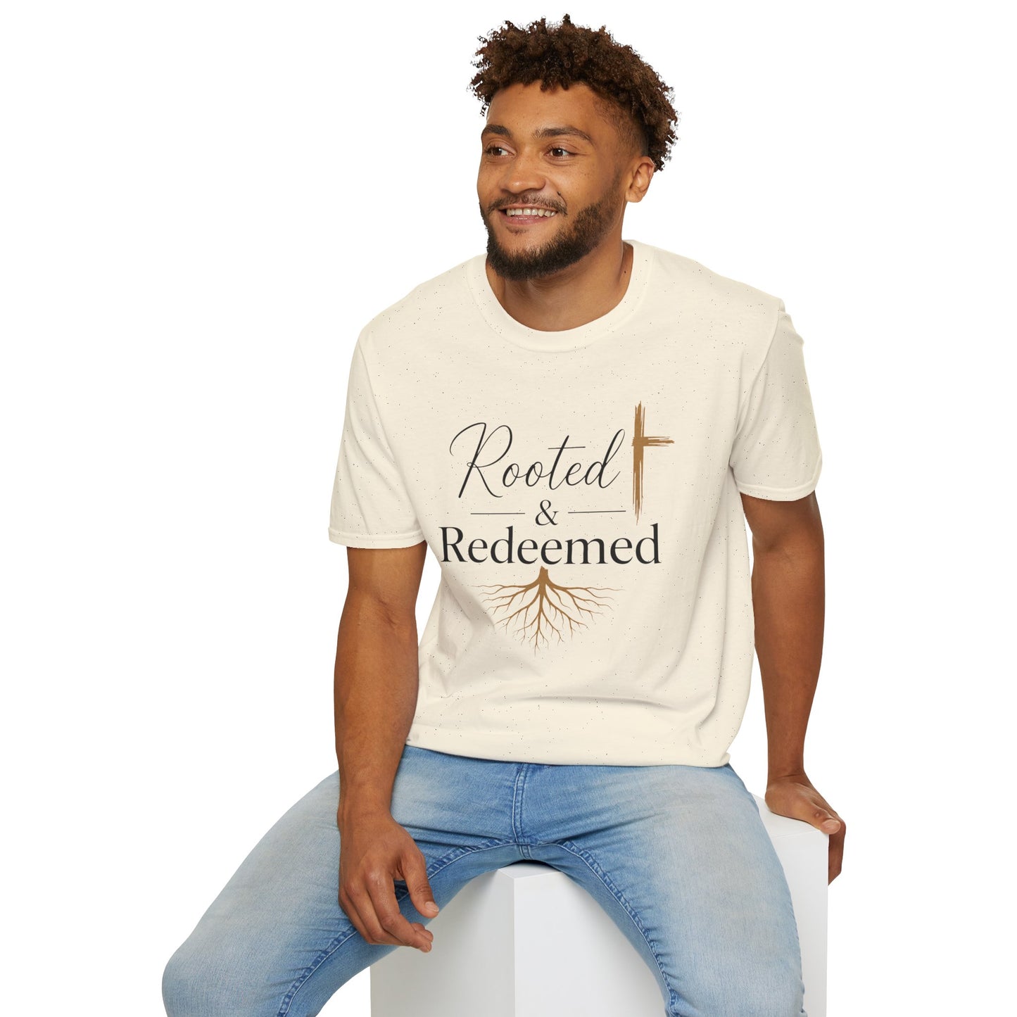 Rooted & Redeemed Christian T-Shirt — Faith Cross and Tree Roots Tee