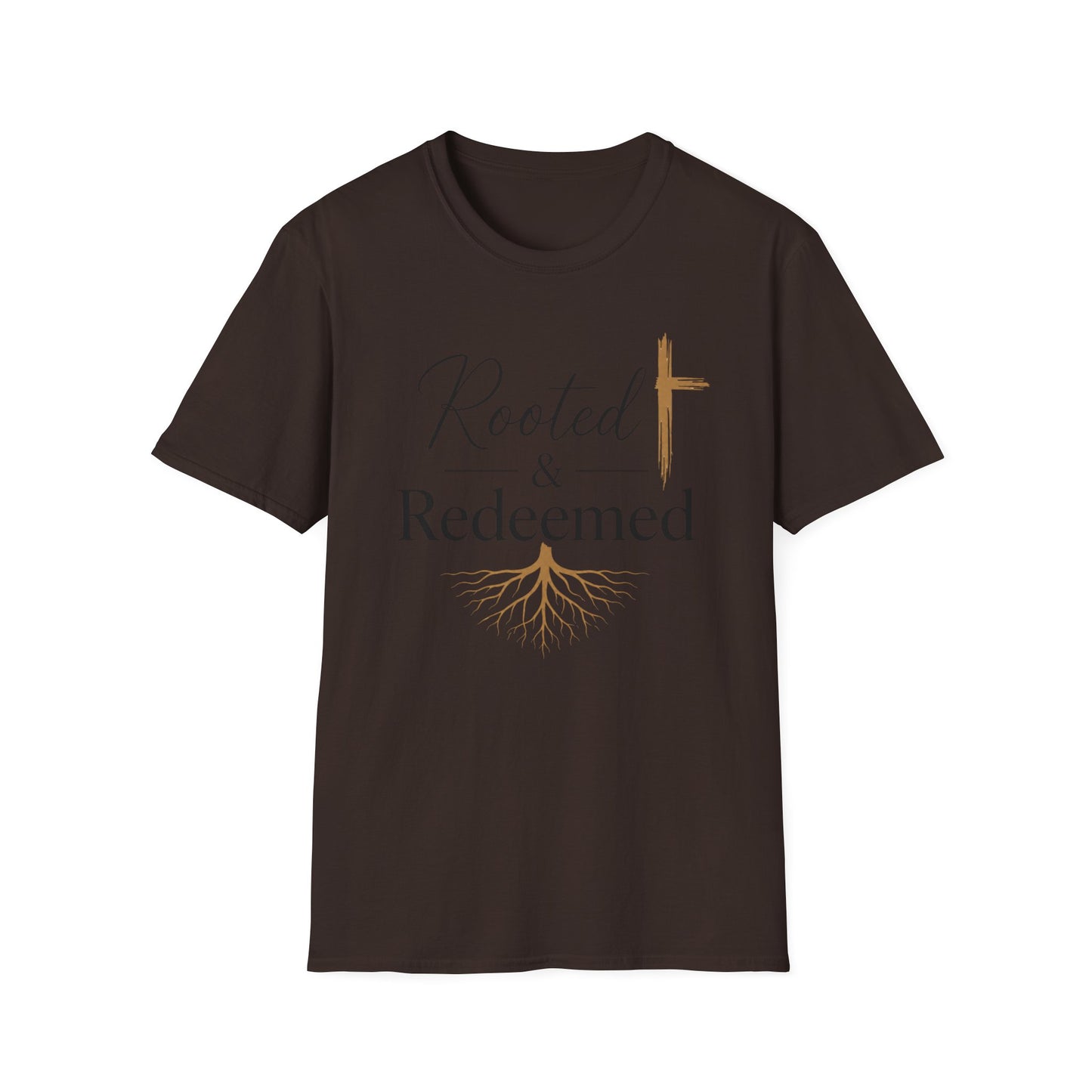 Rooted & Redeemed Christian T-Shirt — Faith Cross and Tree Roots Tee