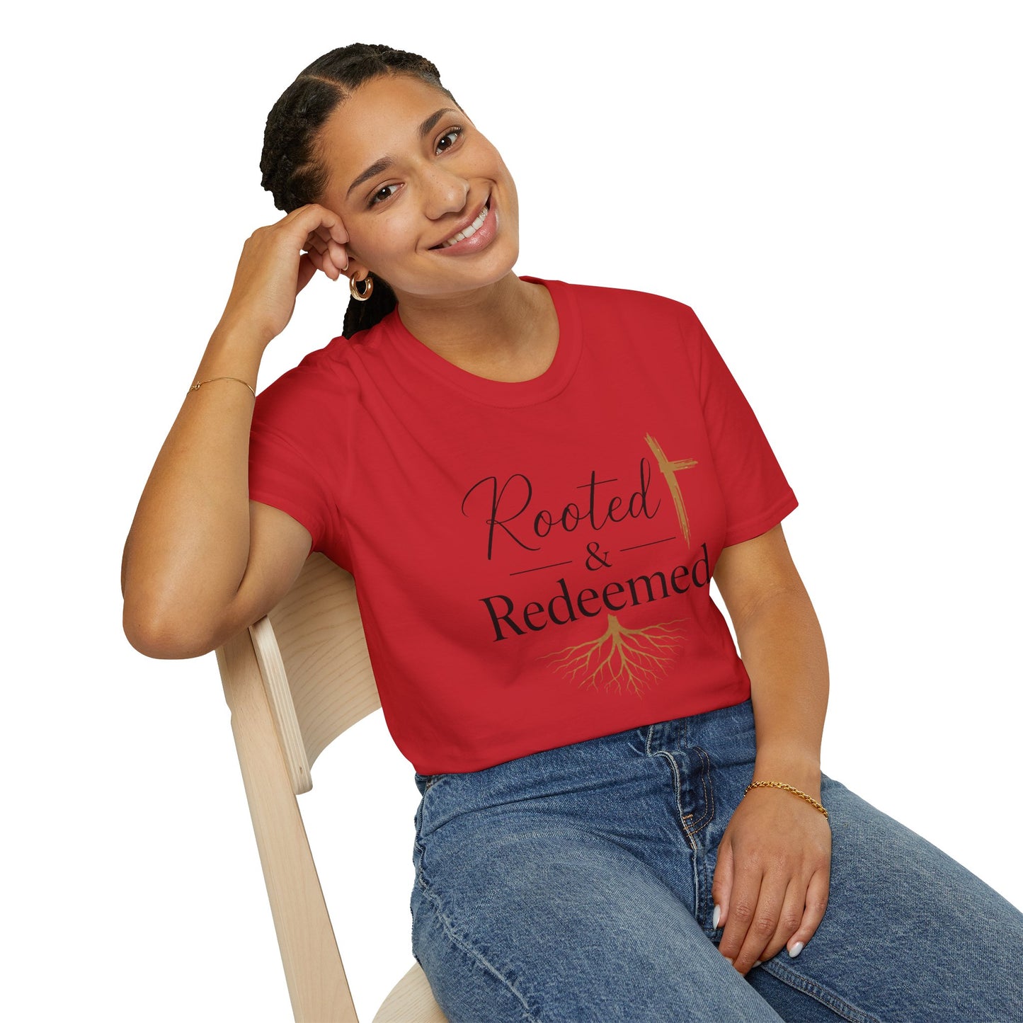 Rooted & Redeemed Christian T-Shirt — Faith Cross and Tree Roots Tee