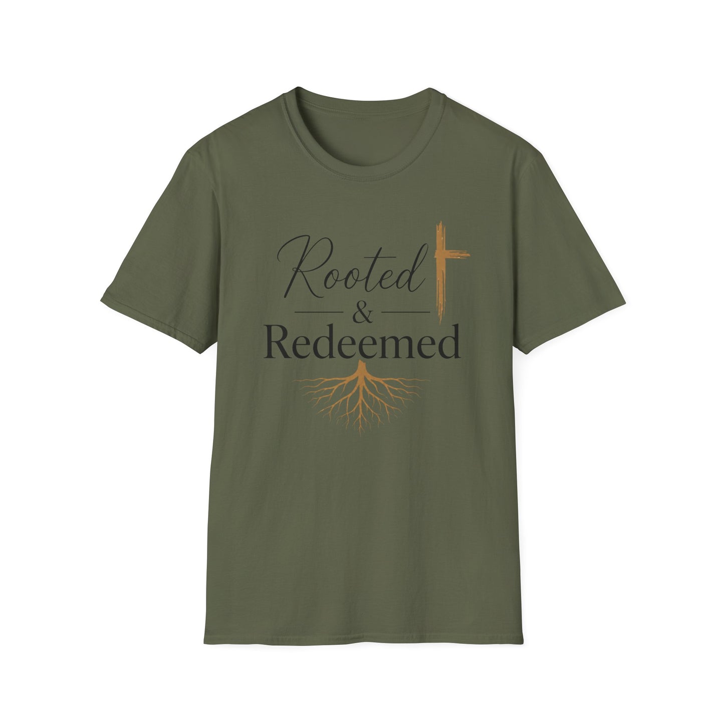 Rooted & Redeemed Christian T-Shirt — Faith Cross and Tree Roots Tee