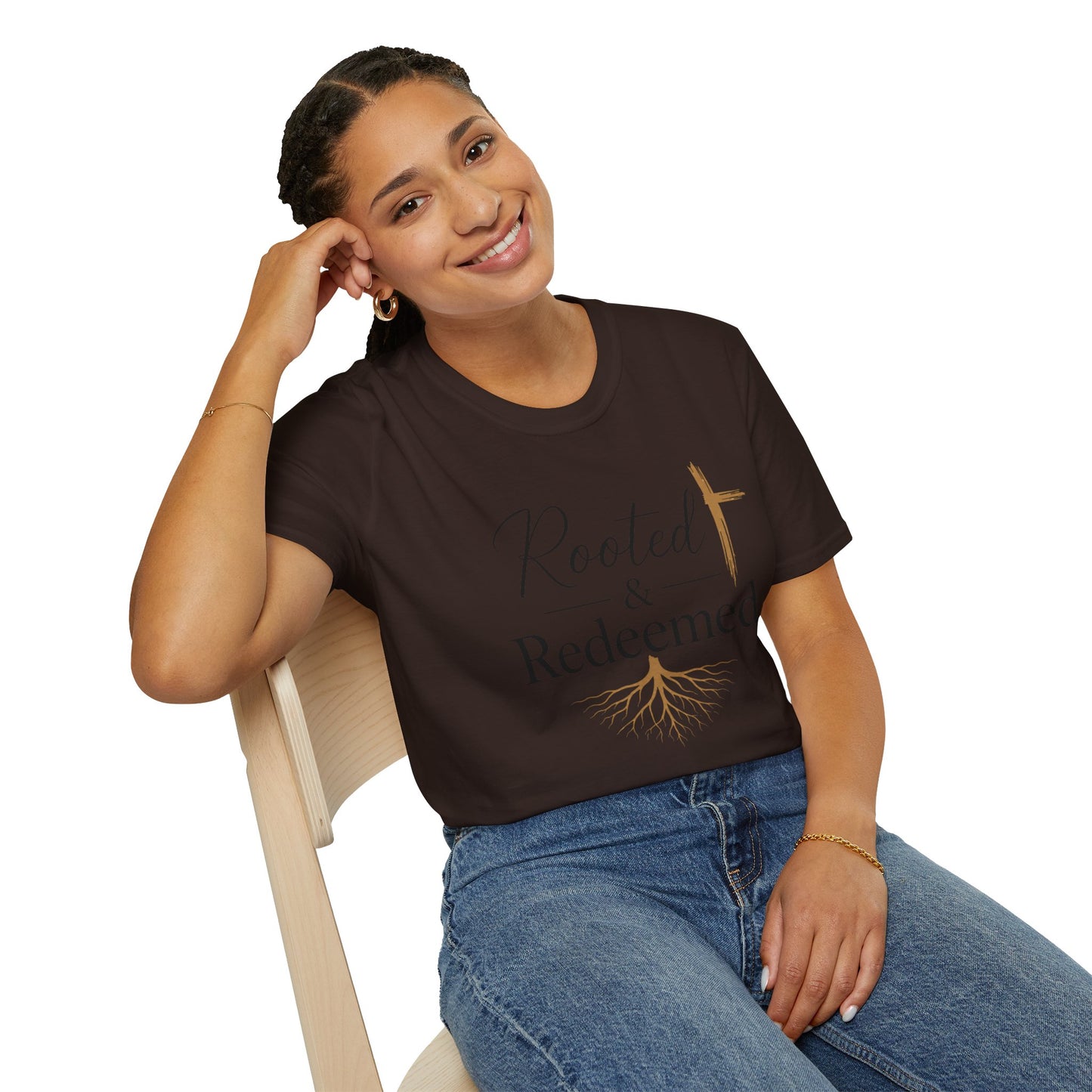Rooted & Redeemed Christian T-Shirt — Faith Cross and Tree Roots Tee