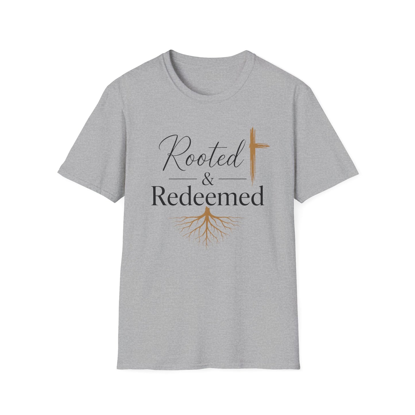 Rooted & Redeemed Christian T-Shirt — Faith Cross and Tree Roots Tee