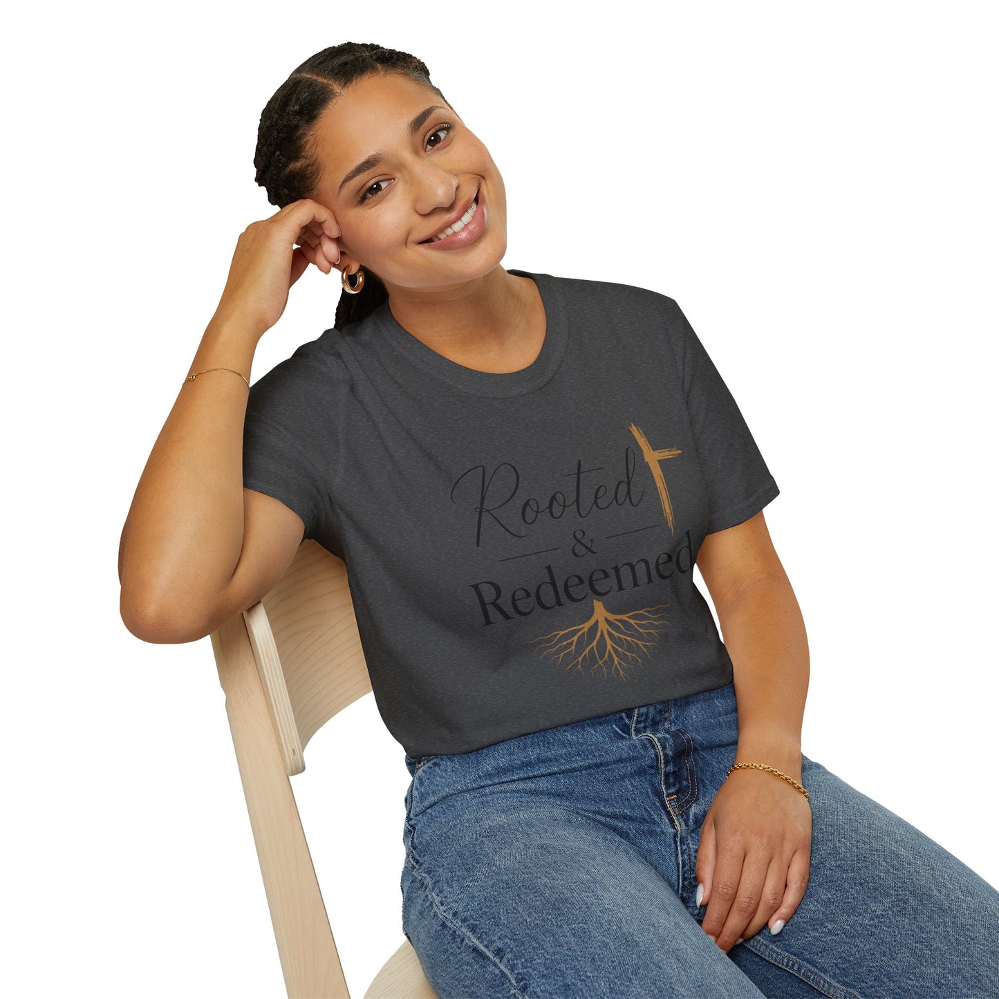 Rooted & Redeemed Christian T-Shirt — Faith Cross and Tree Roots Tee