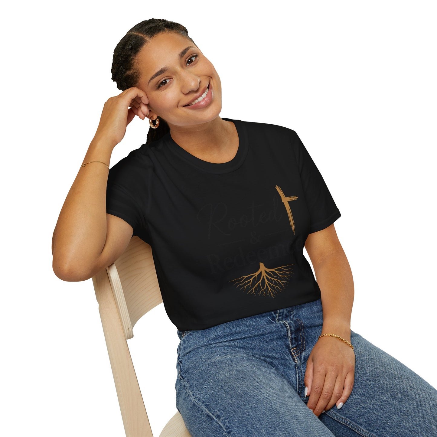 Rooted & Redeemed Christian T-Shirt — Faith Cross and Tree Roots Tee