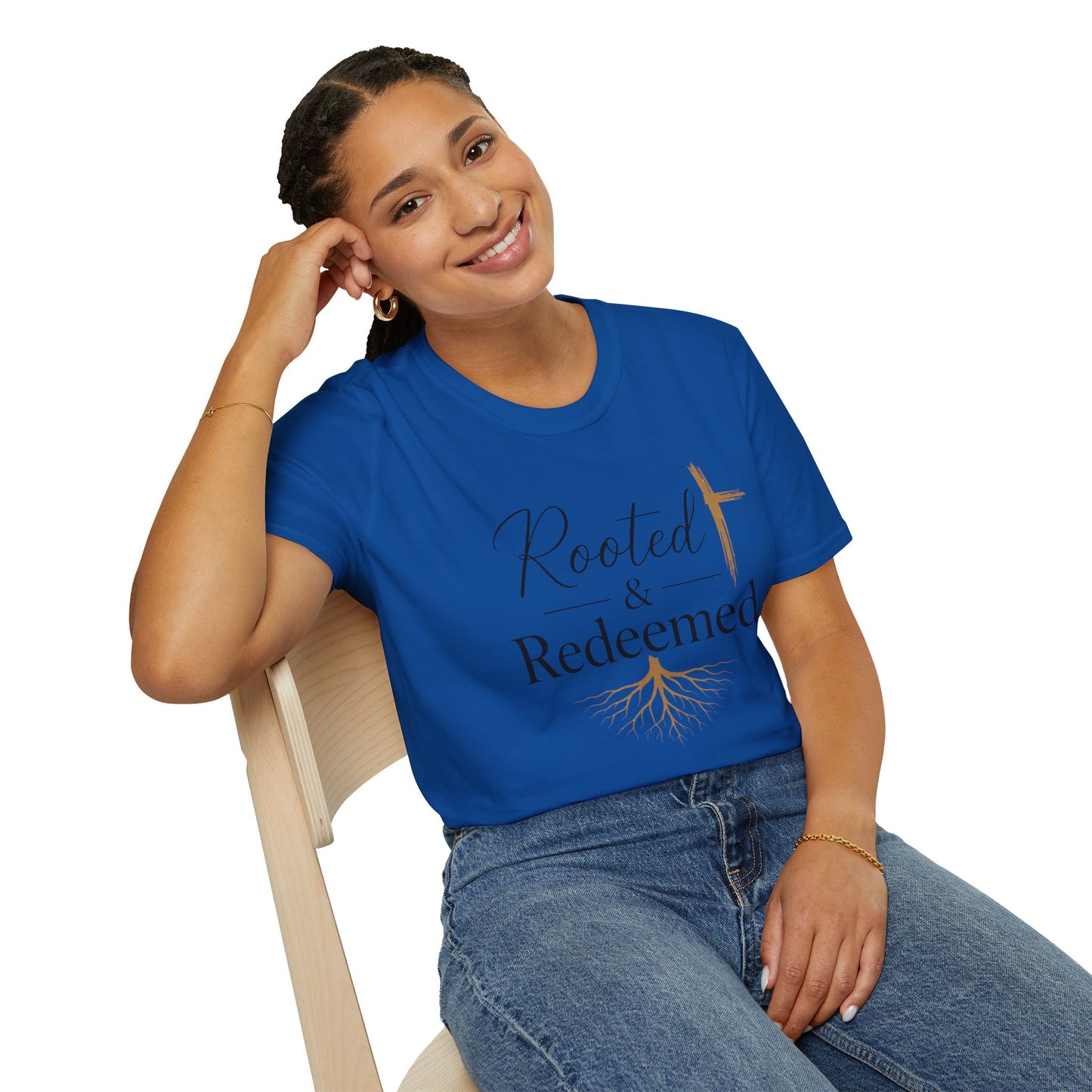 Rooted & Redeemed Christian T-Shirt — Faith Cross and Tree Roots Tee